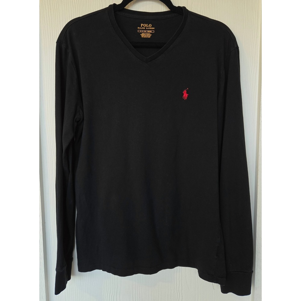 Polo Ralph Lauren Mens Long Sleeve Black V-Neck T-Shirt Size S Red Pony Logo